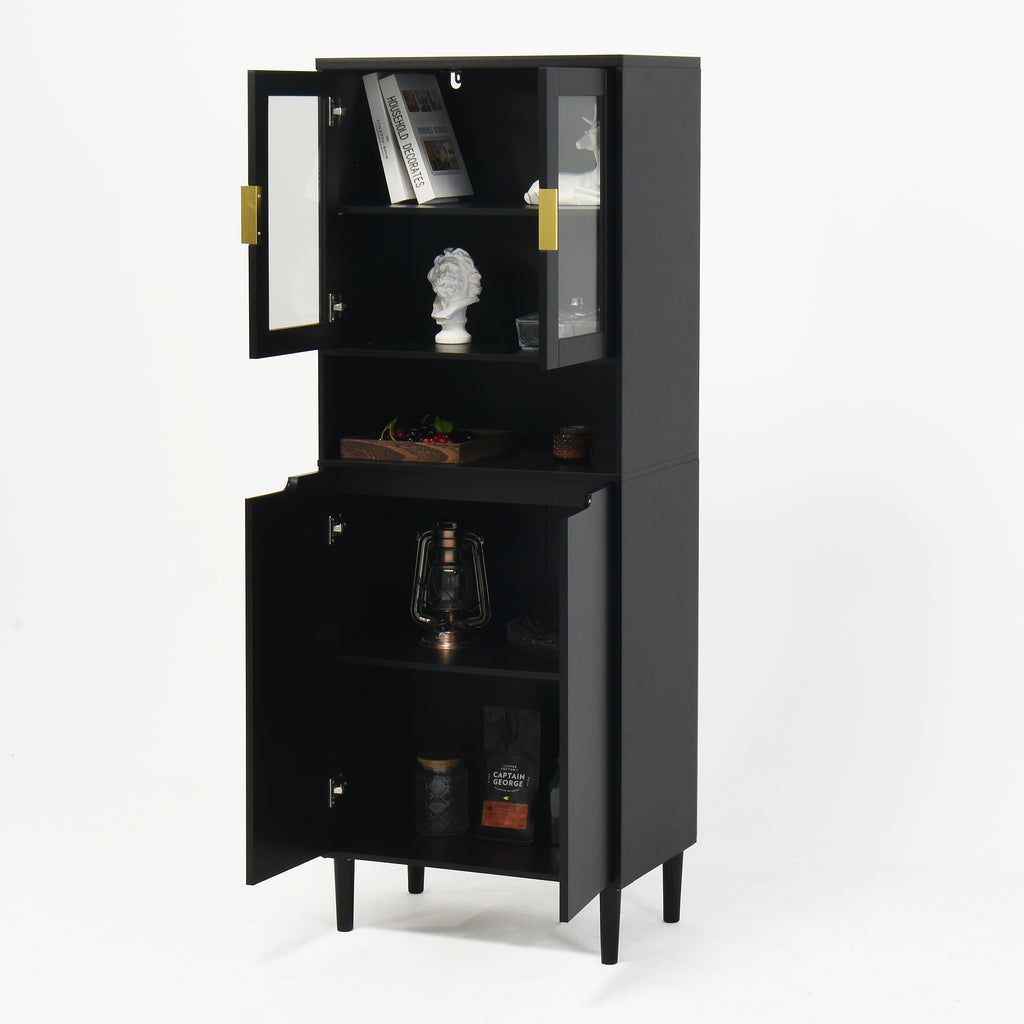 Tempered Glass Door Tall Storage Bookcase with adjustable board, 4 doors MDF painting finished cabinet, Black, Living room Bedroom storage - Grand Goldman Shop
