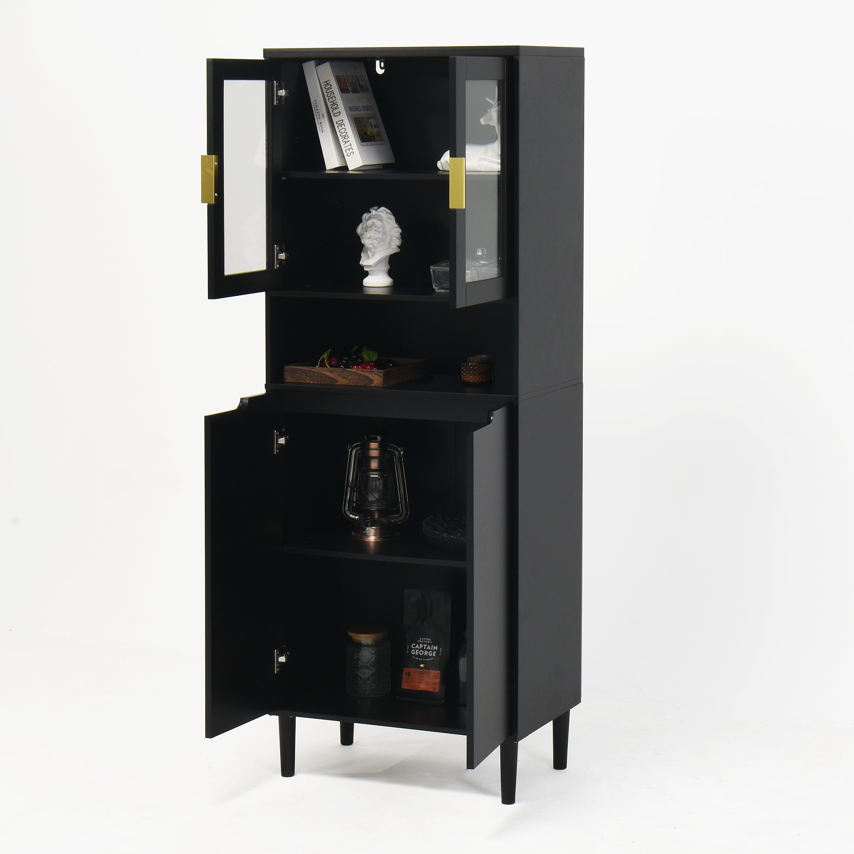 Tempered Glass Door Tall Storage Bookcase with adjustable board, 4 doors MDF painting finished cabinet, Black, Living room Bedroom storage - Grand Goldman Shop