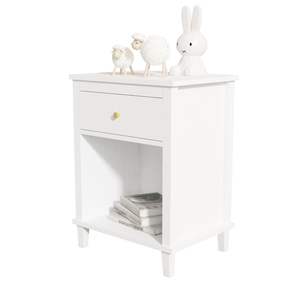26.77''H White Wooden Nightstand with One Drawer and Shelf, Golden Handle, MDF Construction for Kids and Adults - Grand Goldman Shop