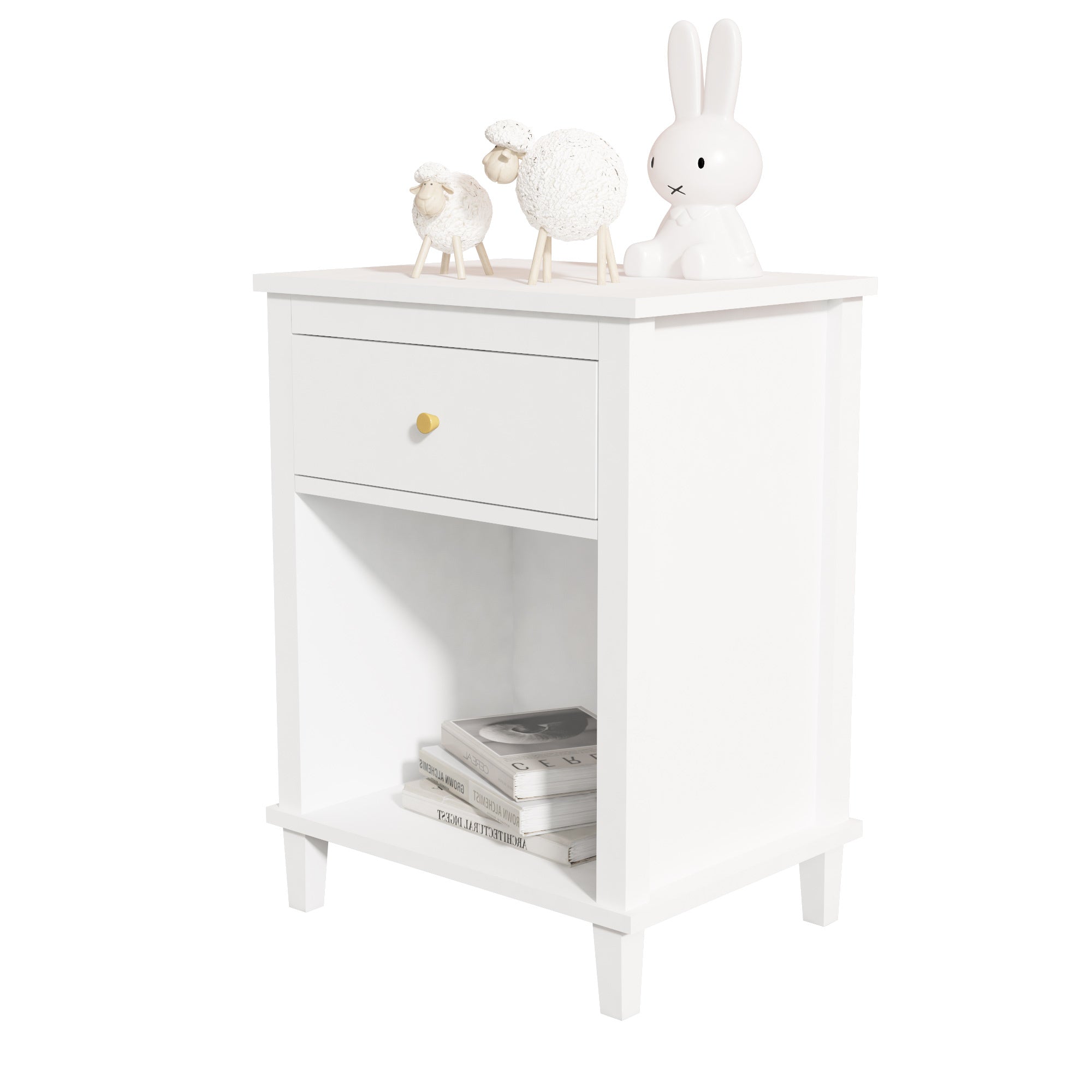26.77''H White Wooden Nightstand with One Drawer and Shelf, Golden Handle, MDF Construction for Kids and Adults - Grand Goldman Shop