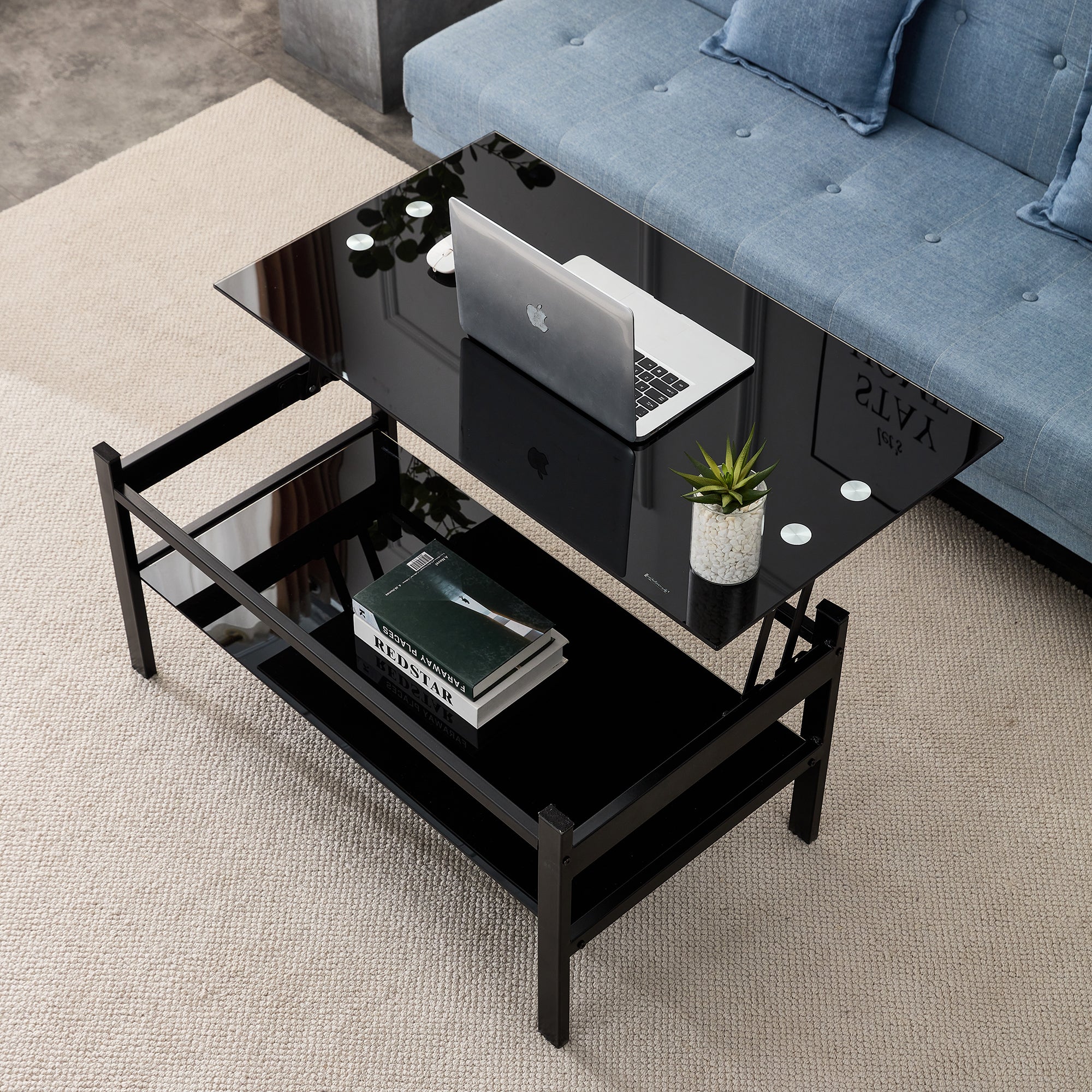 Modern Simple Lift Top Coffee Table with 2-Layer Tempered Glass in Black for Living Room - Grand Goldman Shop