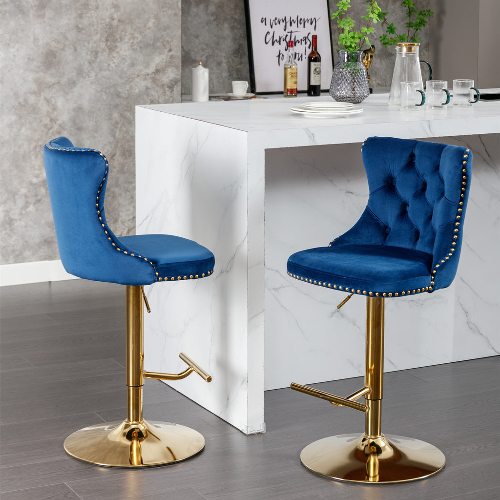 A&A Furniture,Golden Swivel Velvet Barstools Adjusatble Seat Height from 25-33 Inch, Modern Upholstered Bar Stools with Backs Comfortable Tufted for Home Pub and Kitchen Island,Blue,Set of 2 - Grand Goldman Shop