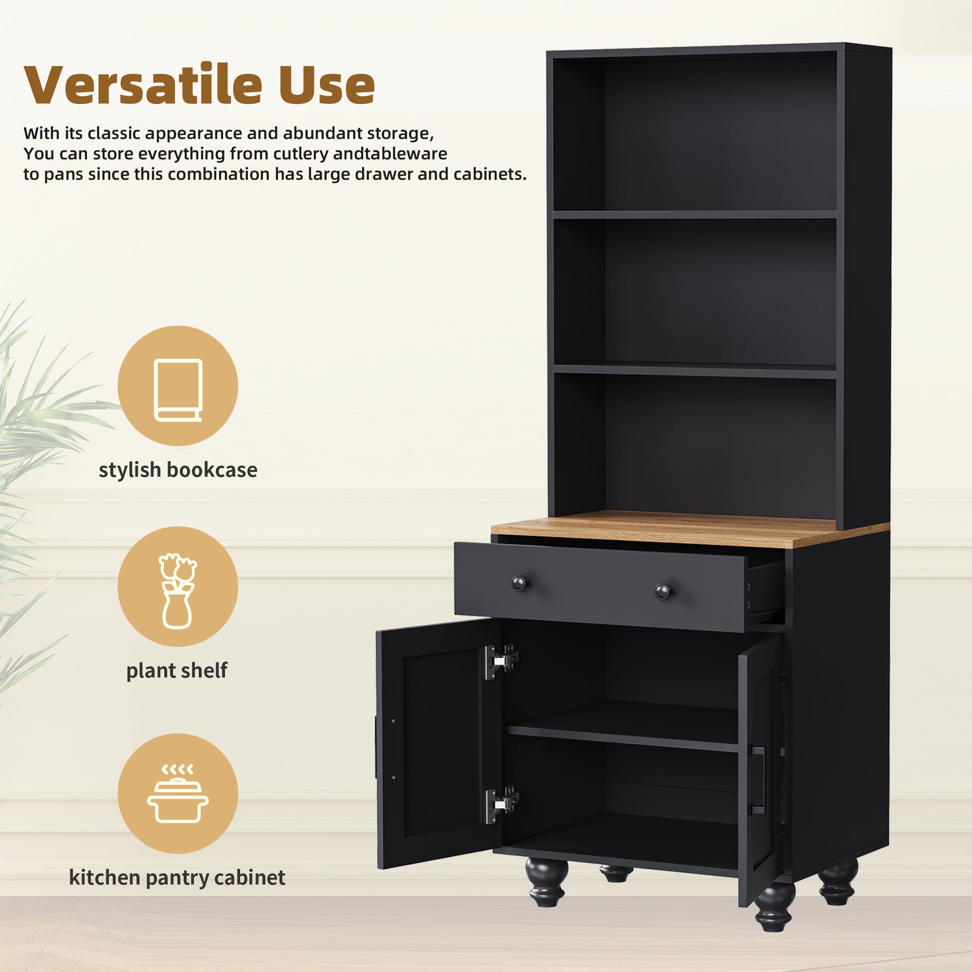 Farmhouse TV Stand with Solid Wood Gourd-Shaped Legs for TVs Up to 70', Entertainment Center with Bookshelves & Tempered Glass Doors, Media Console with Adjustable Shelves, Living Room, Black - Grand Goldman Shop