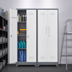 Heavy Duty Grey Metal Storage Cabinet with Locking Doors, Hanging Rod & Shelves, 65' H Broom Closet for Garage or Basement | 