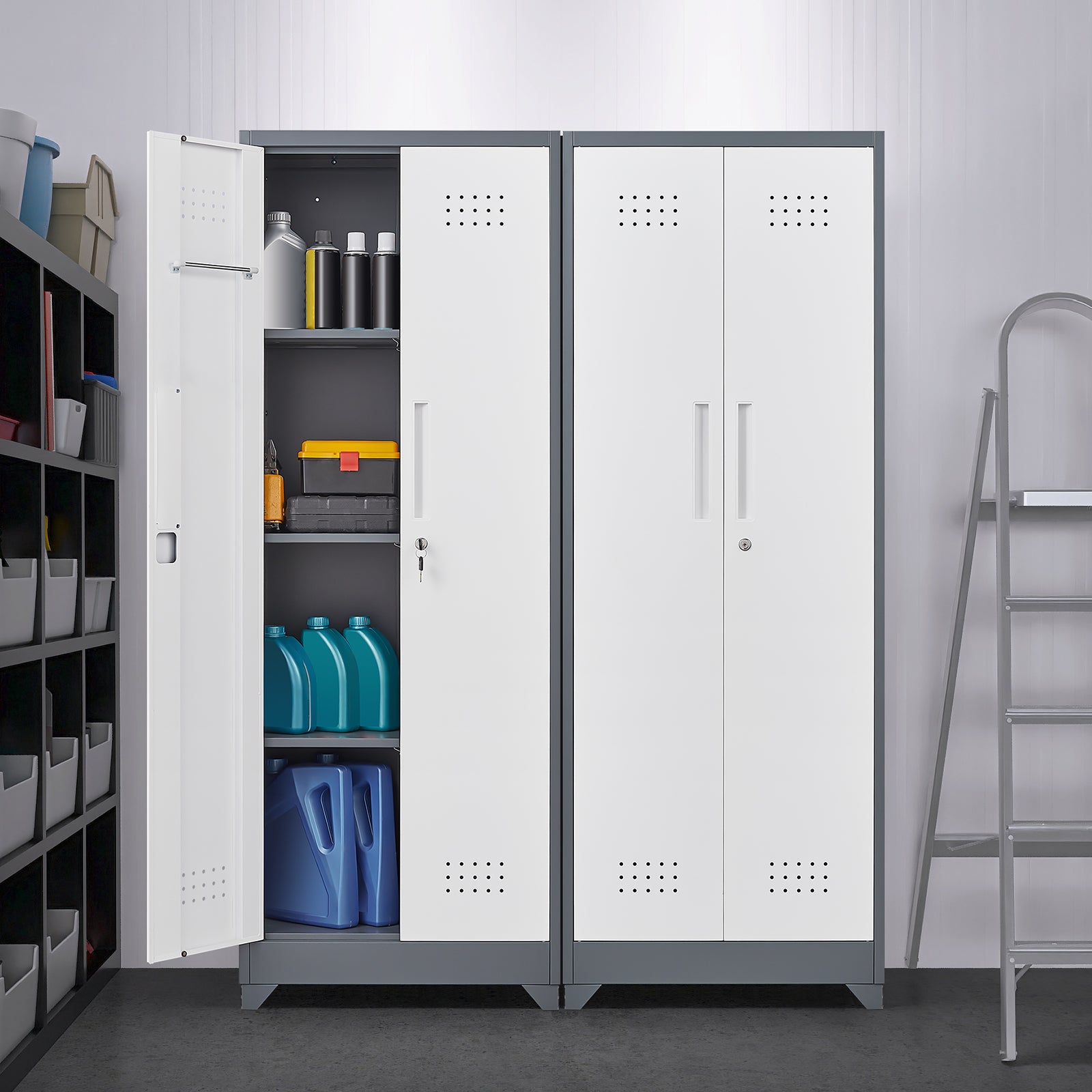 Heavy Duty Grey Metal Storage Cabinet with Locking Doors, Hanging Rod & Shelves, 65' H Broom Closet for Garage or Basement | 