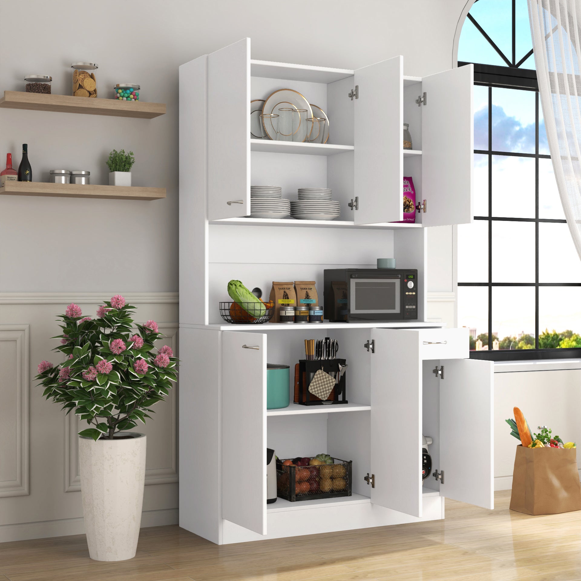 70.87' Tall Wardrobe& Kitchen Cabinet, with 6-Doors, 1-Open Shelves and 1-Drawer for bedroom,White - Grand Goldman Shop