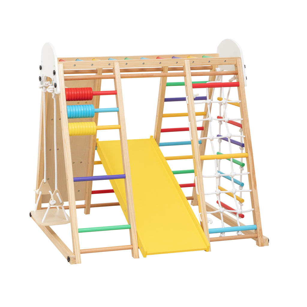 9-in-1 Foldable Kids Climbing Frame & Slide, Wooden Toddler Playground with Swing, Monkey Bars, Climbing Rock, Abacus Game – 
