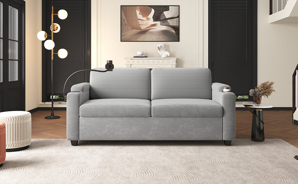 Corduroy Sleeper Sofa Loveseat with Full Size Mattress, USB Ports, Cup Holders, Side Pockets, and Phone Holder, Grey - Grand Goldman Shop