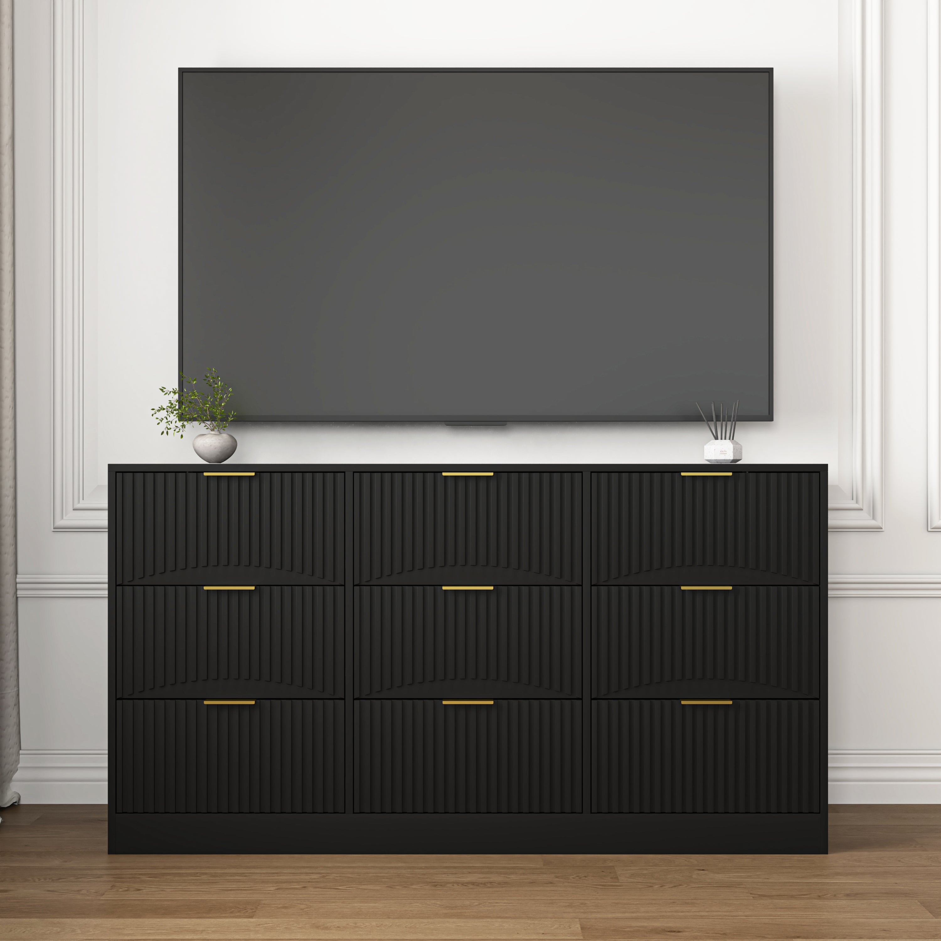 Black 9 Drawer Dresser, 63' Large Deep Chest of Drawers, Wooden Dresser Storage Cabinet with 9 Drawers for Bedroom, Long Dressers for Living Room, Hallway, Drawer panel with wavy patterns - Grand Goldman Shop