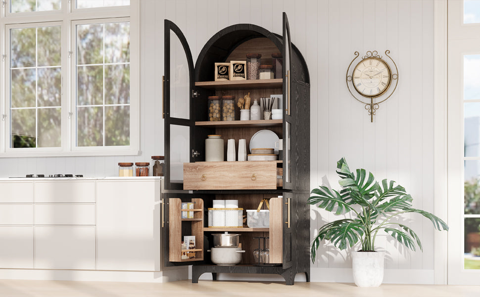 K&K 71' Tall Arched Kitchen Pantry Cabinet with Door Shelves, Farmhouse Kitchen Storage Cabinet with Open & Adjustable Shelves, Hidden Drawer & Glass Door, Cupboard for Kitchen, Dining Room, Black - Grand Goldman Shop