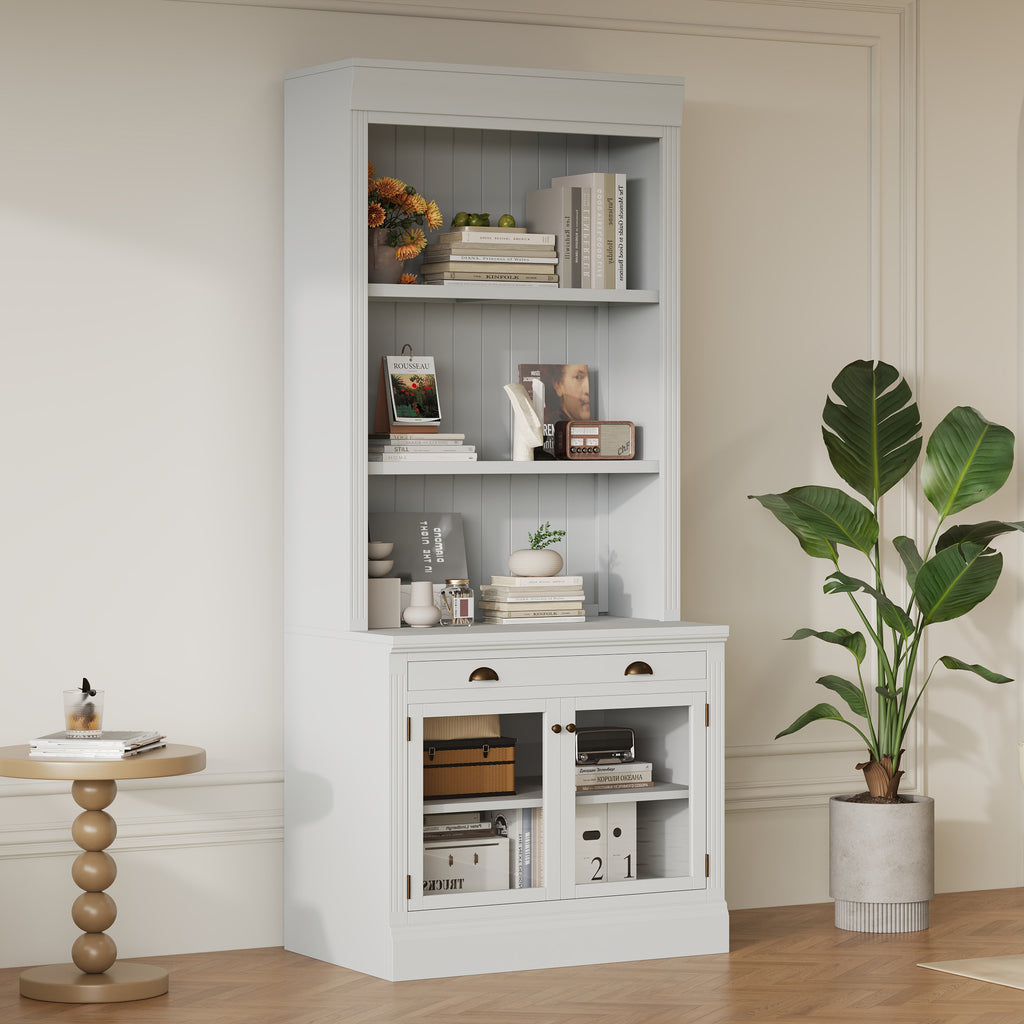 83.4'Tall Bookshelf, Modern Bookcase with 2 Glass Doors and 1 Drawer,Storage Bookcase with Open Shelves for Living Room,Home 
