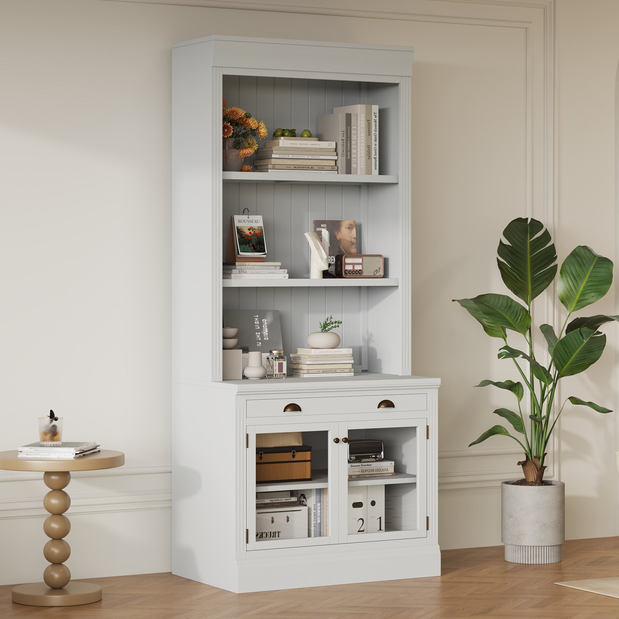 83.4'Tall Bookshelf, Modern Bookcase with 2 Glass Doors and 1 Drawer,Storage Bookcase with Open Shelves for Living Room,Home 