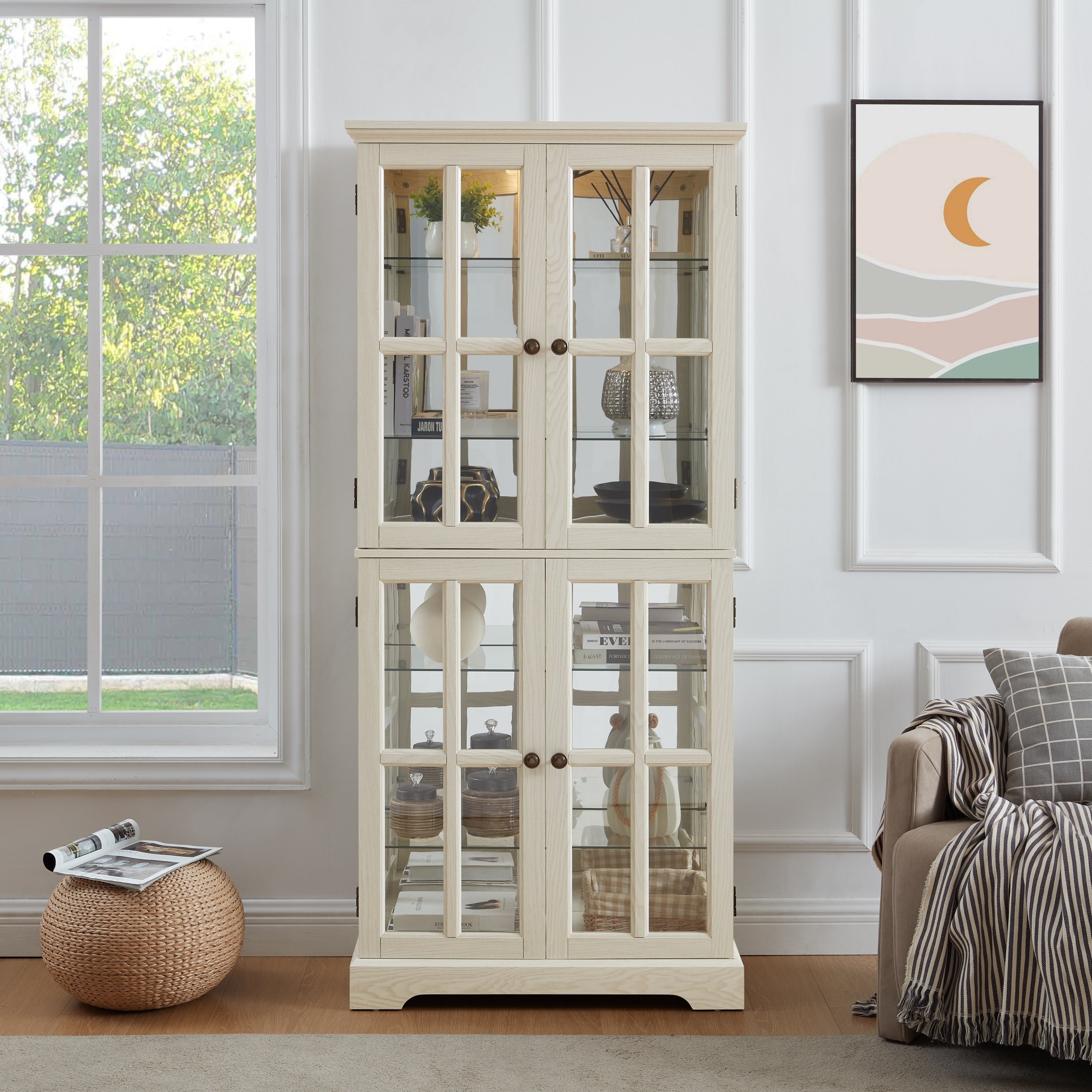 Curio Display Cabinet,Antique Display Cabinet with Glass Doors Adjustable Shelves for Collectibles Four Door Design Vintage Showcase for Home or Office Antique Display Case E26 Bulb Included  WHI - Grand Goldman Shop