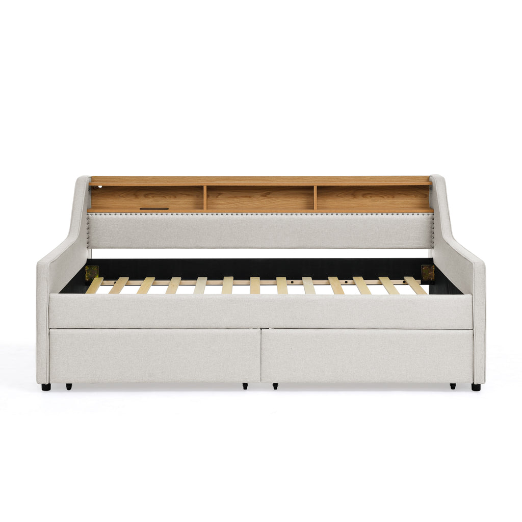 Beige Linen Upholstered Twin Sofa Bed with LED Lights, Storage Drawers, Adjustable Headboard & Wireless Charging - Grand Goldman Shop