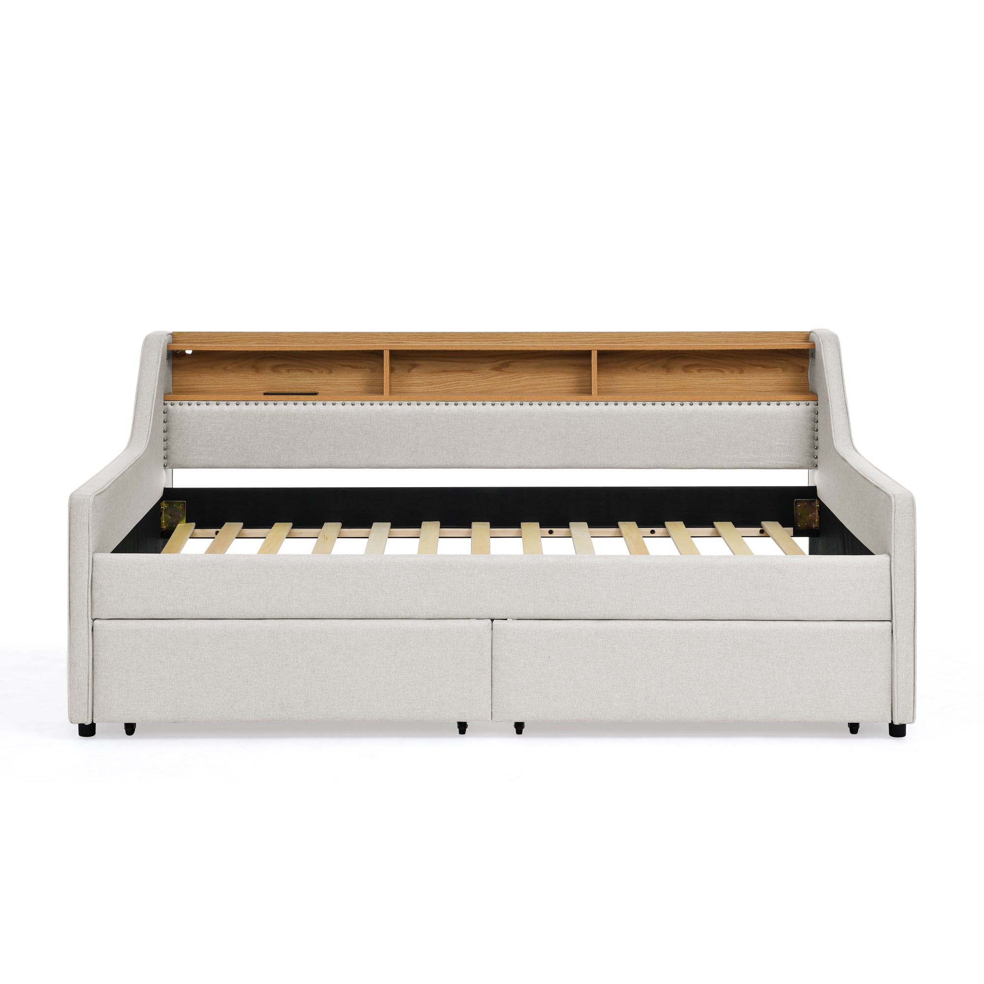 Beige Linen Upholstered Twin Sofa Bed with LED Lights, Storage Drawers, Adjustable Headboard & Wireless Charging - Grand Goldman Shop