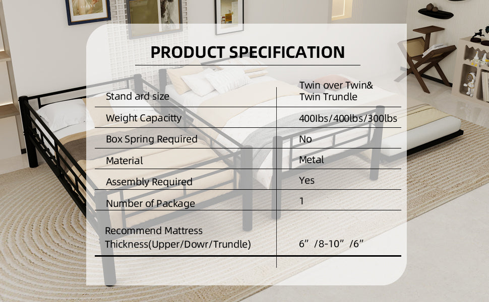 Heavy-duty Sturdy Metal Twin over Twin Bunk Bed with Noise Reduction, Safety Guardrail, No Box Spring Needed, Black - Grand Goldman Shop