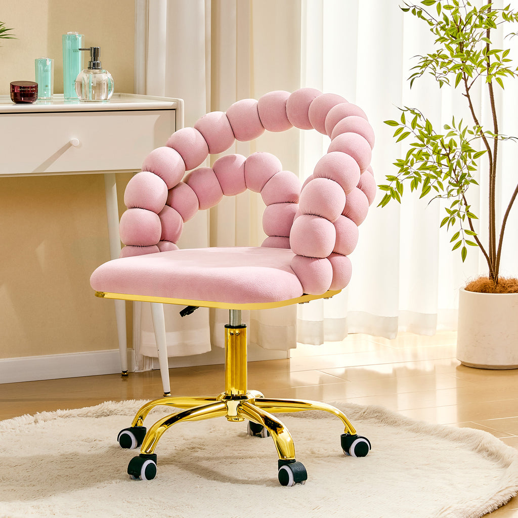 Pink Velvet Bubble Vanity Chair with Gold Base, 360° Swivel Height Adjustable Ergonomic Accent Chair, Cute Rolling Desk Chair