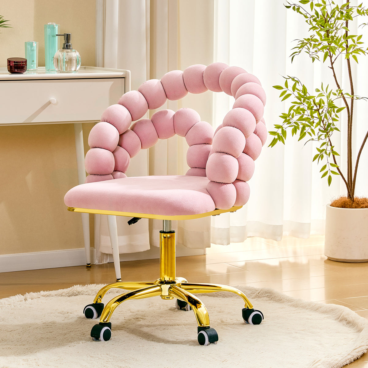 Pink Velvet Bubble Vanity Chair with Gold Base, 360° Swivel Height Adjustable Ergonomic Accent Chair, Cute Rolling Desk Chair