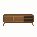 59 Inch Mid Century Modern Rattan TV Stand for 65 Inch TV, Entertainment Cabinet, Media Console for Living Room Media Room, Solid Wood Feet & Rattan Cabinet Doors - Light Wood - Grand Goldman Shop