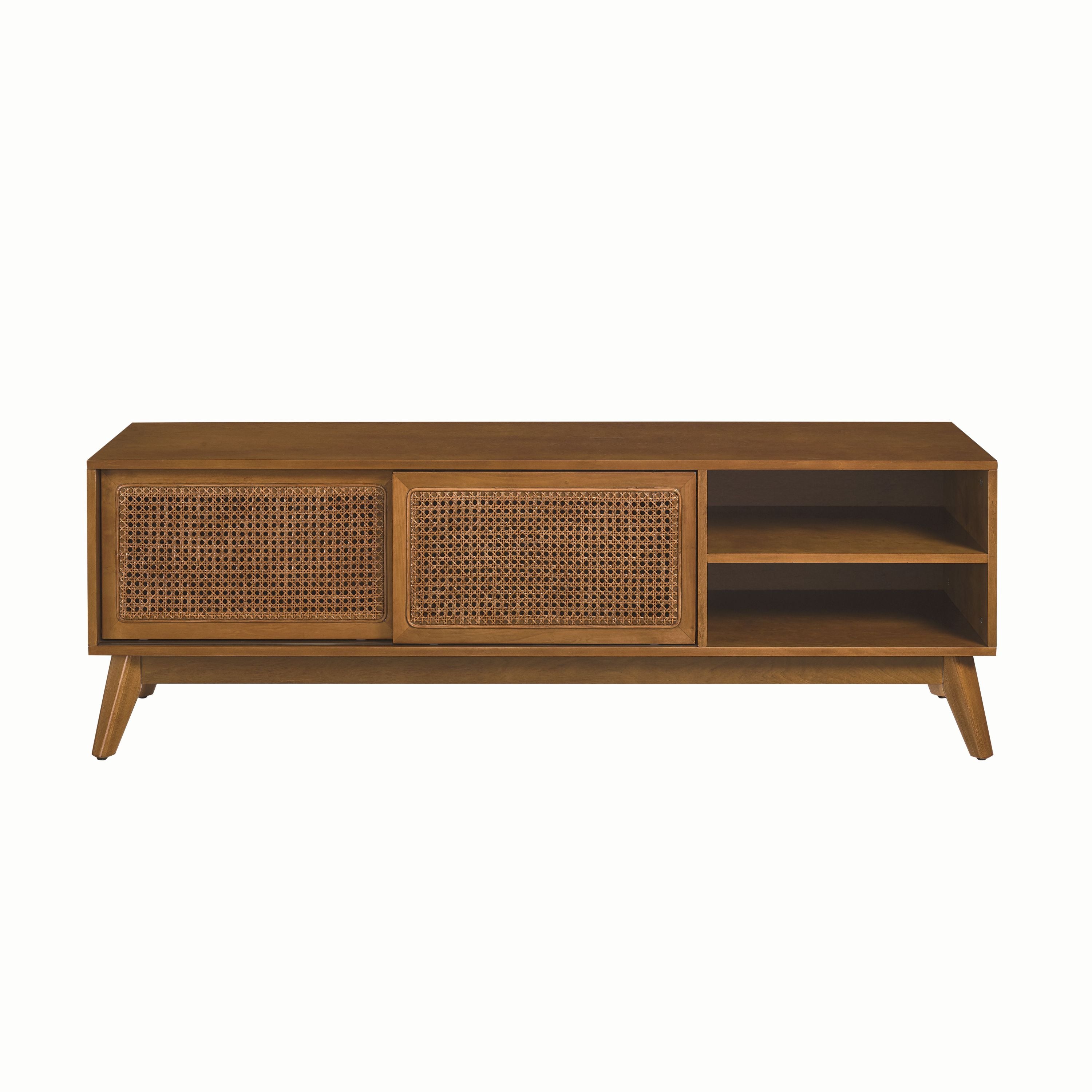 59 Inch Mid Century Modern Rattan TV Stand for 65 Inch TV, Entertainment Cabinet, Media Console for Living Room Media Room, Solid Wood Feet & Rattan Cabinet Doors - Light Wood - Grand Goldman Shop