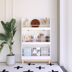 Modern White Wall-Mounted Kids Bookshelf with Natural Wood Base, 3 Front-Facing Display Shelves for Toddler Bedroom, Nursery 