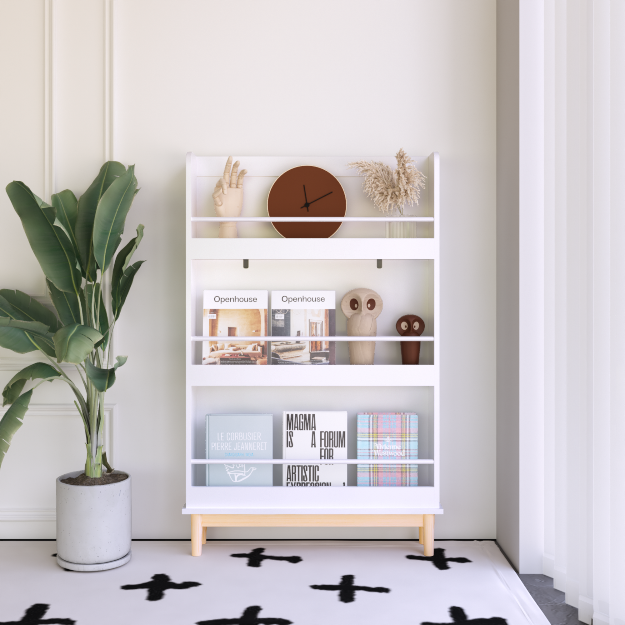 Modern White Wall-Mounted Kids Bookshelf with Natural Wood Base, 3 Front-Facing Display Shelves for Toddler Bedroom, Nursery 
