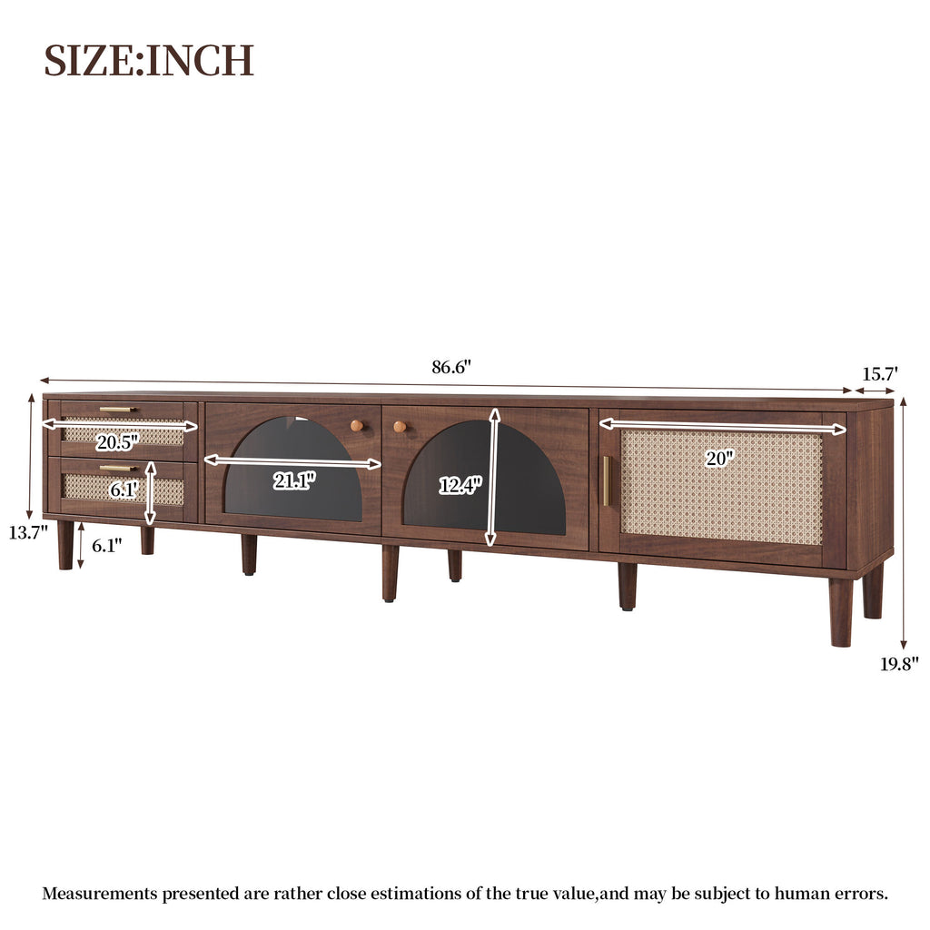 Modern 86 inch TV Stand for TVs up to 90 inches, Dark Brown Rattan Design with App-Controlled LED Lights, 2 Drawers & Glass Door Storage, MDF and Solid Wood Media Console - Grand Goldman Shop
