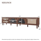 Modern 86 inch TV Stand for TVs up to 90 inches, Dark Brown Rattan Design with App-Controlled LED Lights, 2 Drawers & Glass Door Storage, MDF and Solid Wood Media Console - Grand Goldman Shop