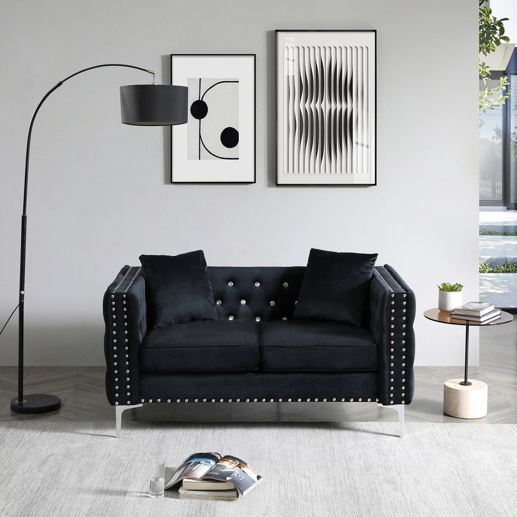 59.4 Inch Wide Black Velvet Sofa with Jeweled buttons,Square Arm ,2 Pillows - Grand Goldman Shop