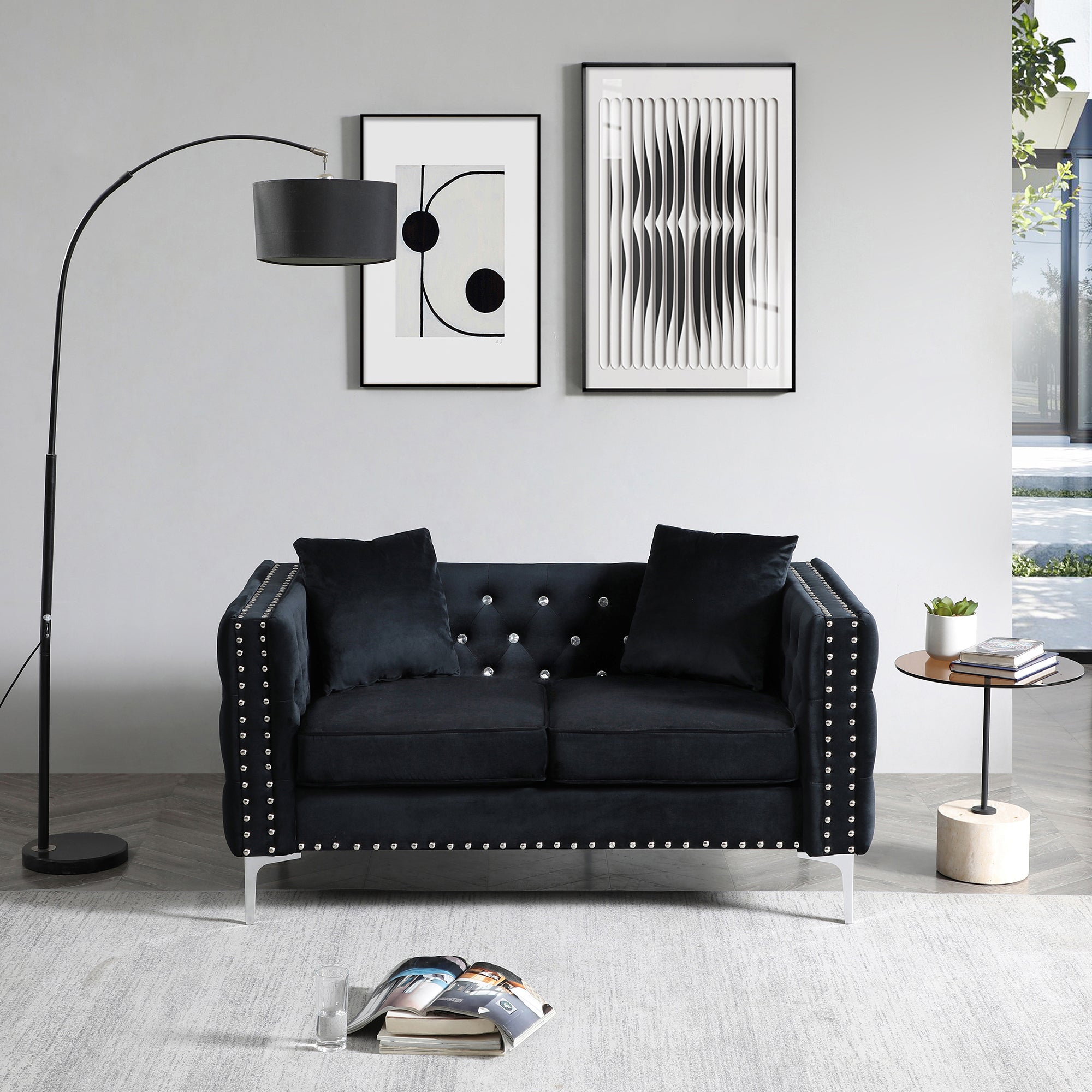 59.4 Inch Wide Black Velvet Sofa with Jeweled buttons,Square Arm ,2 Pillows - Grand Goldman Shop