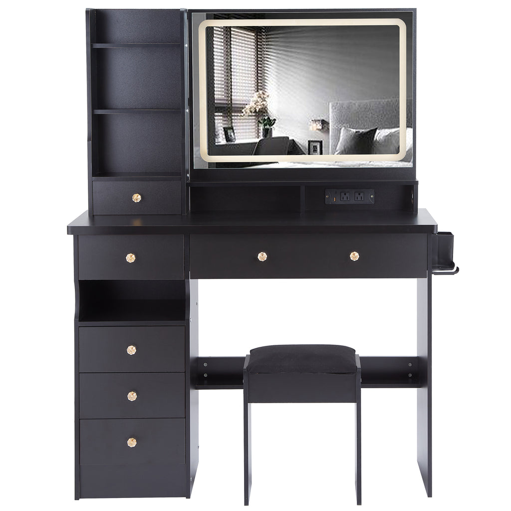 41' Large Size Left Drawer Desktop Vanity Table+Cushioned Stool Dresser Set, 2 AC+2 USB Power Station, Hair Dryer Stand, Extra Large Touch Control LED Mirror, 3-color Switch, EPA, GCC, UL Certificate - Grand Goldman Shop