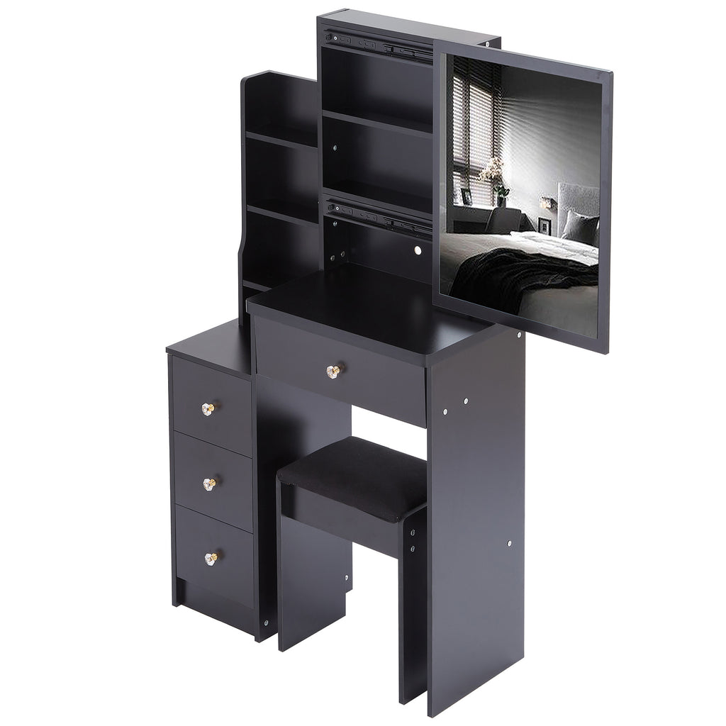 29.2' Small Space Left Bedside Cabinet Vanity Table + Cushioned Stool, Extra Large Right sliding mirror, Multi Layer High Capacity Storage, Practical Fashionable Dresser, Suitable For Small Space - Grand Goldman Shop