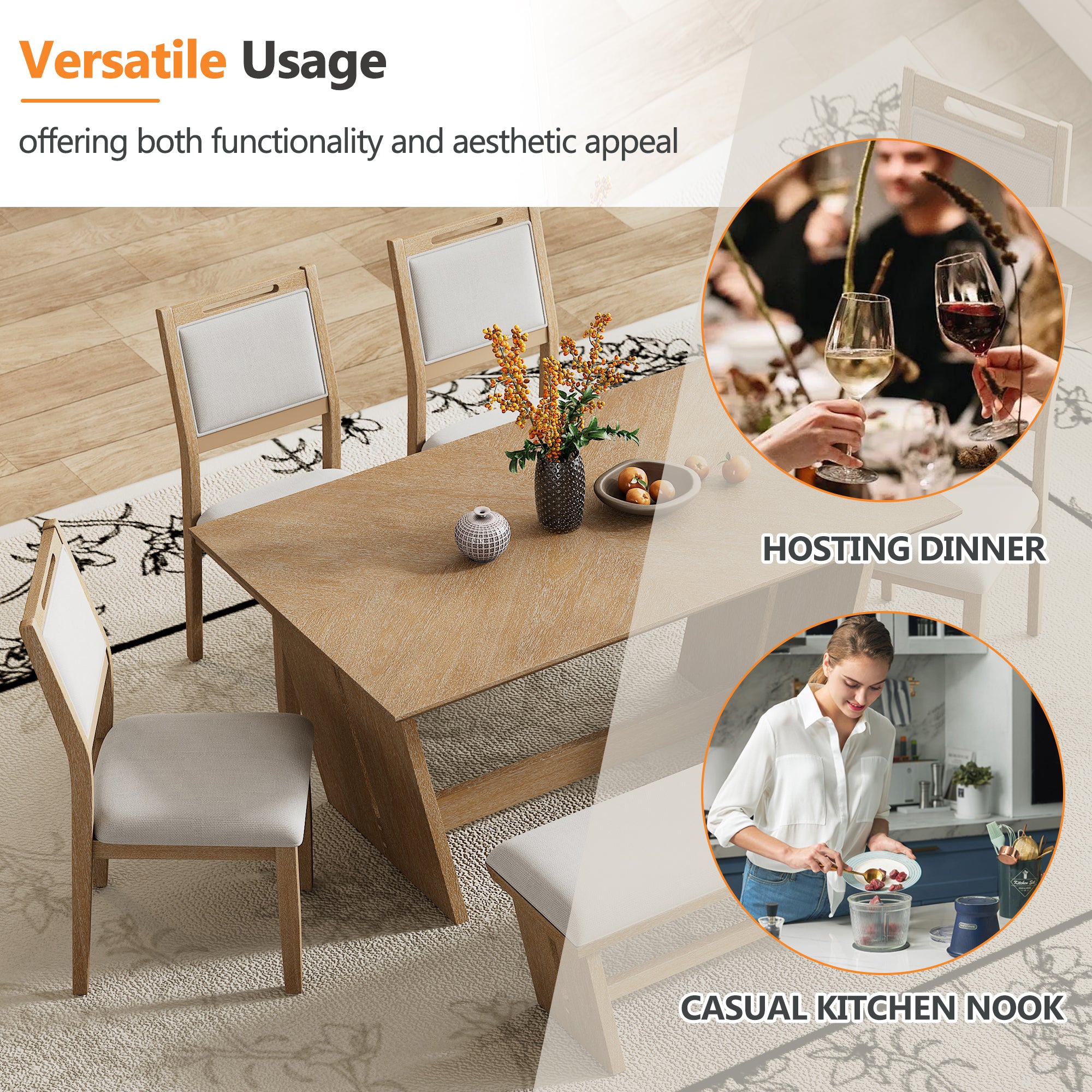 TREXM 6-Piece Retro Dining Table Set for 6, 60' Wood Kitchen Table and Chairs Set of 4 with Bench Designed Trestle Base for kitchen & Dining Room (Natural Wood Wash) - Grand Goldman Shop