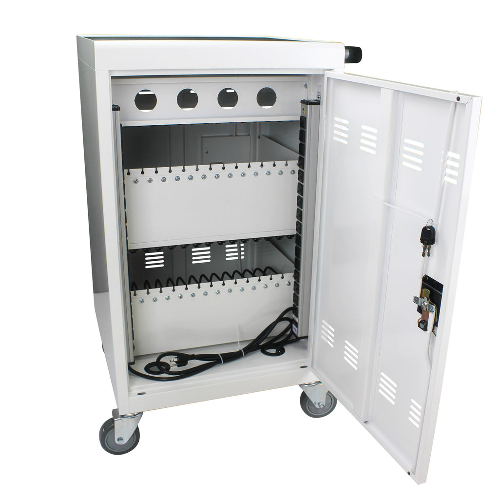 30+2 Bay Mobile School Charging Cart Station for Chromebook, Tablet and Laptop Computer with Power Strip Included - White - G