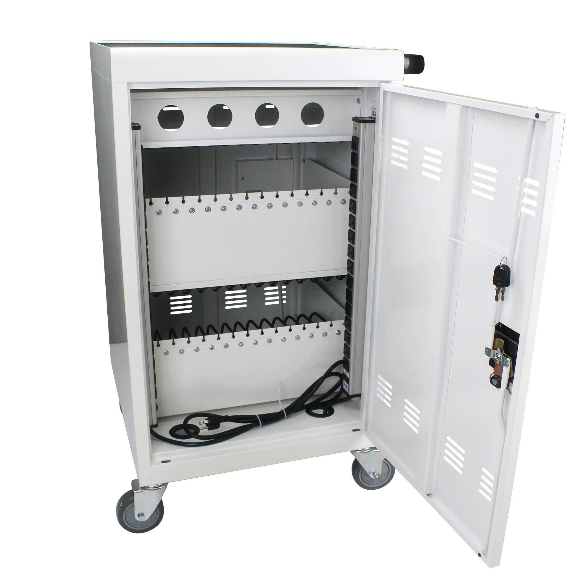 30+2 Bay Mobile School Charging Cart Station for Chromebook, Tablet and Laptop Computer with Power Strip Included - White - G