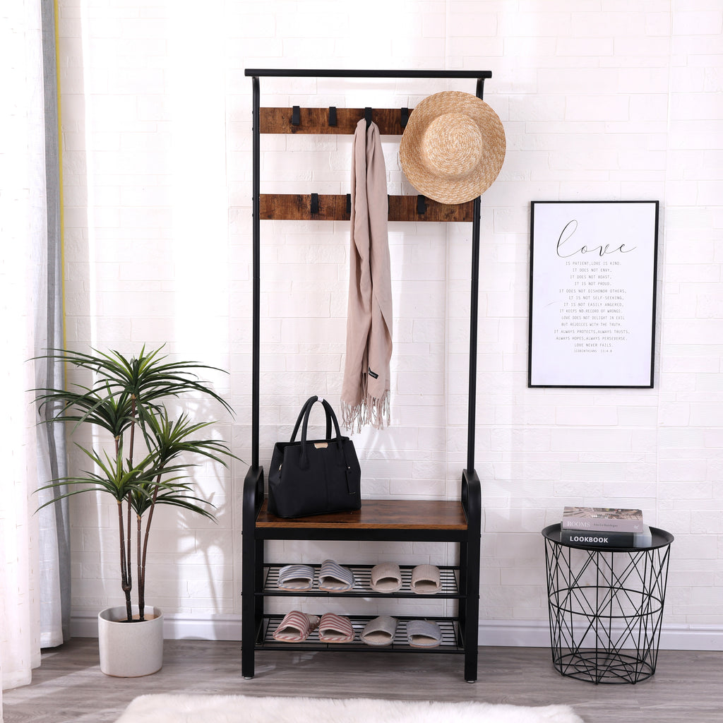 Coat Rack, Hall Tree with Shoe Bench for Entryway, Entryway Bench with Coat Rack, 4-in-1, with 9 Removable Hooks, a Hanging Rod, 13.8 x 25.2 x 72.8 Inches, Rustic Brown and Black - Grand Goldman Shop