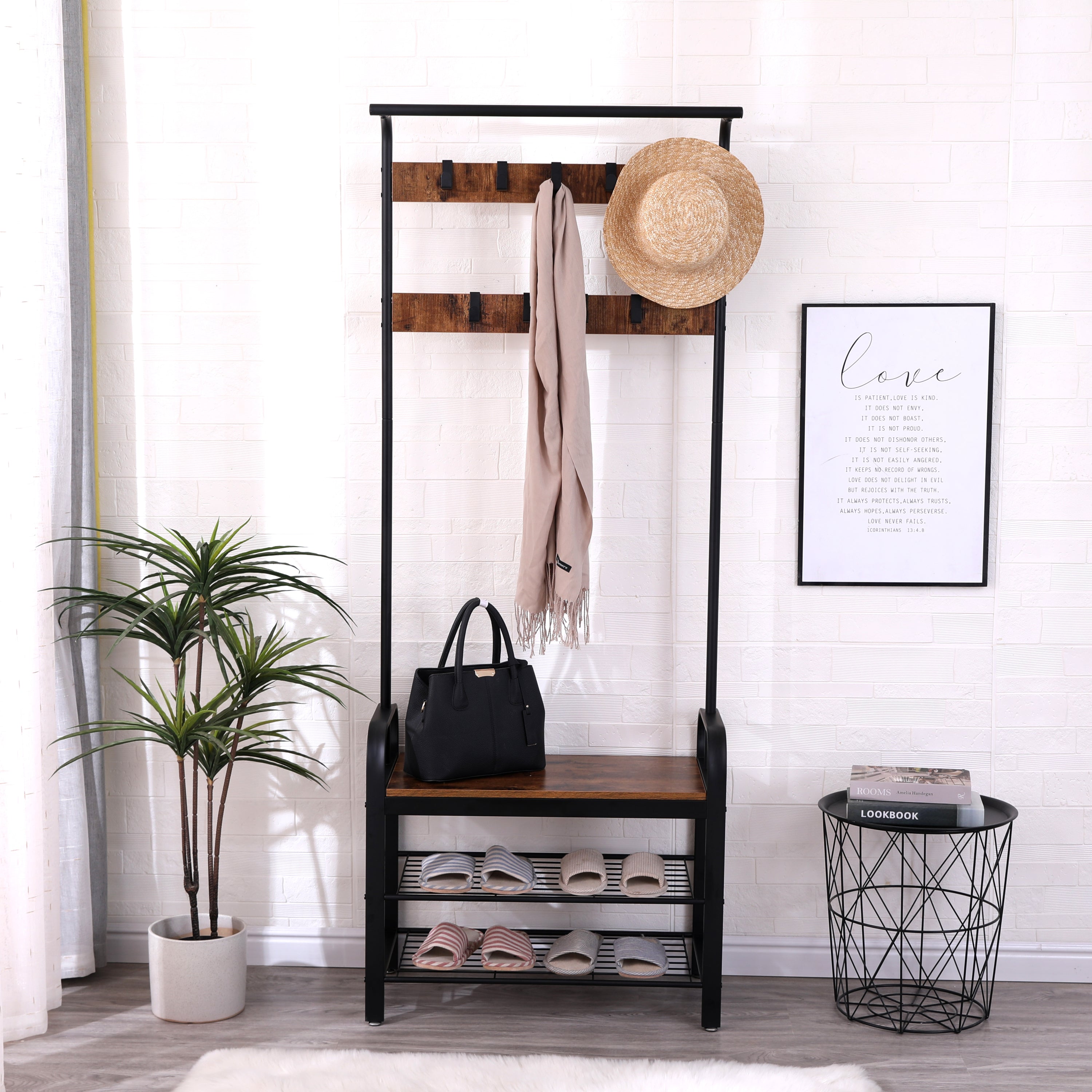 Coat Rack, Hall Tree with Shoe Bench for Entryway, Entryway Bench with Coat Rack, 4-in-1, with 9 Removable Hooks, a Hanging Rod, 13.8 x 25.2 x 72.8 Inches, Rustic Brown and Black - Grand Goldman Shop
