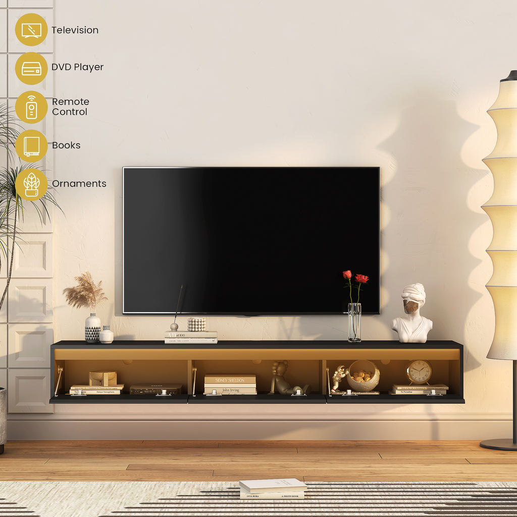 Floating TV Stand, Wall Mounted TV Shelf with Led Lights & Power OutletTV Cabinet for Black tv Stands for Living Room - Grand Goldman Shop