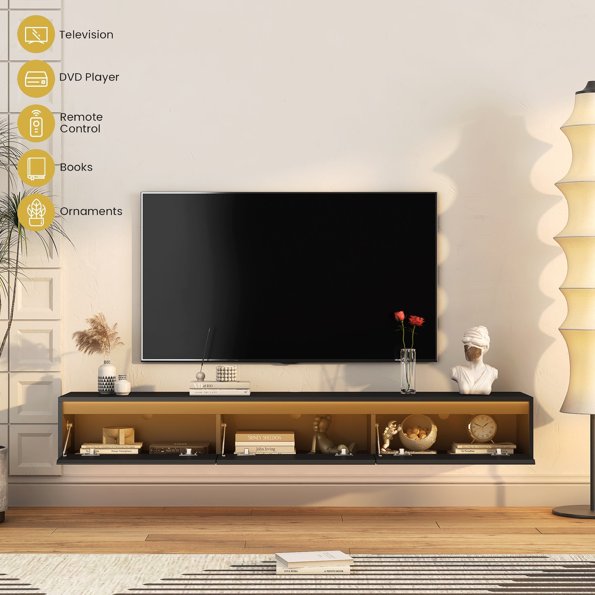 Floating TV Stand, Wall Mounted TV Shelf with Led Lights & Power OutletTV Cabinet for Black tv Stands for Living Room - Grand Goldman Shop