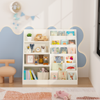 Kids Bookshelf and Toy Storage Organizer, Multifunctional 4-Tier White Wooden Bookcase with Toy Bin for Nursery, Playroom, or