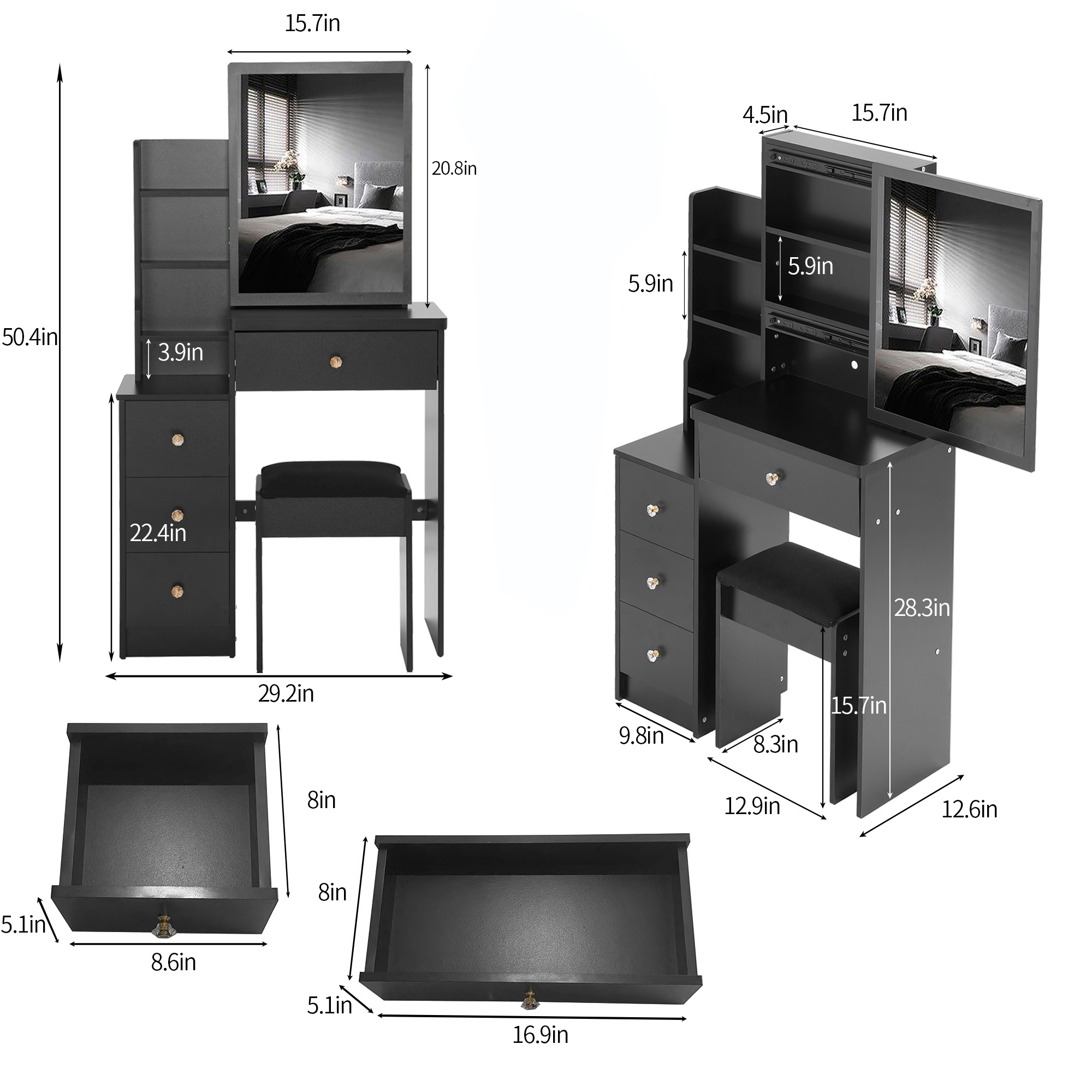 29.2' Small Space Left Bedside Cabinet Vanity Table + Cushioned Stool, Extra Large Right sliding mirror, Multi Layer High Capacity Storage, Practical Fashionable Dresser, Suitable For Small Space - Grand Goldman Shop