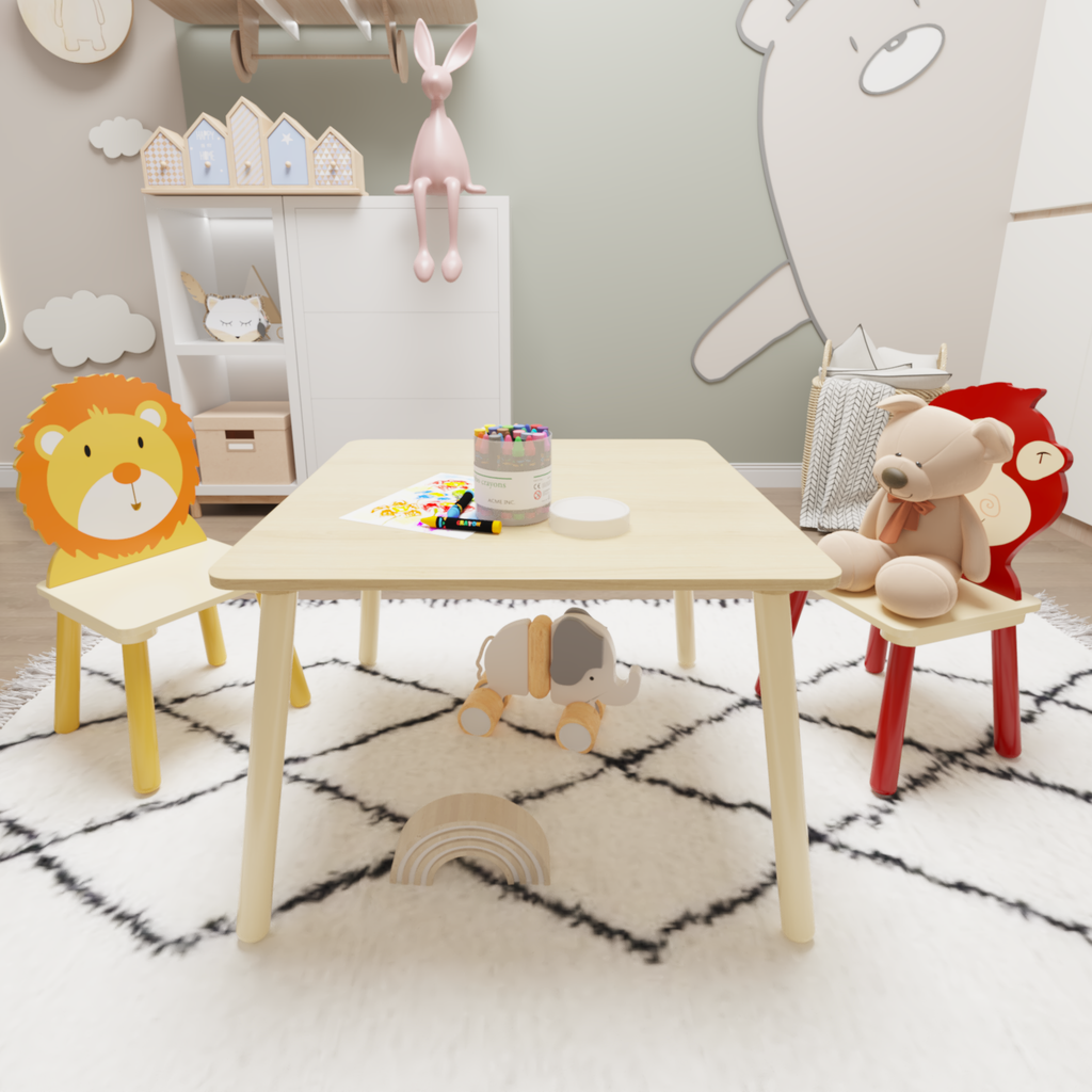 Lion & Monkey Wooden Activity Play Table Set for Kids, 3-Piece Toddler Table and Chair Set in Yellow & Red, Solid Wood & MDF,