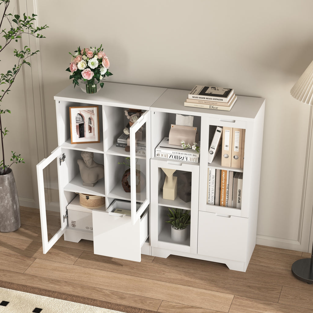 Modern MDF Painted Cabinet with Glass Doors and Drawer, White, for Bedroom and Living Room - Grand Goldman Shop