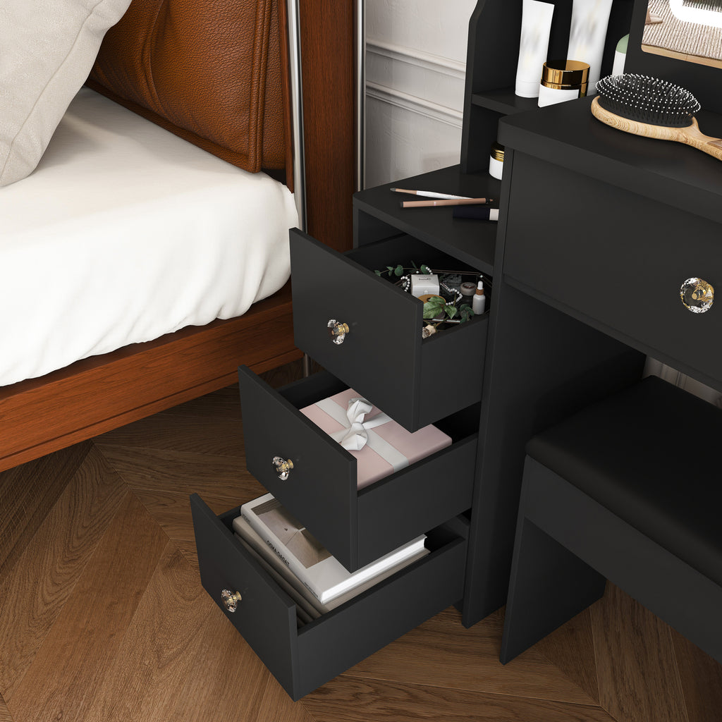 Modern Vanity Desk with 3 LED Lighting Modes, 4 Drawers, Open Shelves, Hair Dryer Holder & Power Socket, Black MDF Dressing Table Set with Chair - Grand Goldman Shop