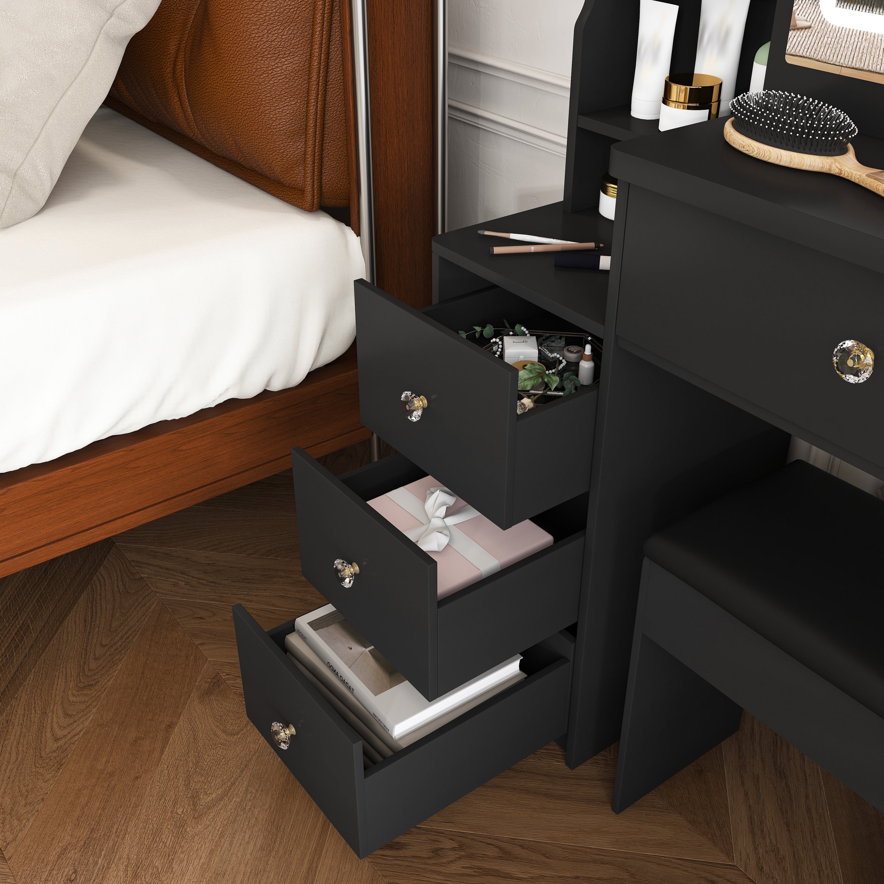 Modern Vanity Desk with 3 LED Lighting Modes, 4 Drawers, Open Shelves, Hair Dryer Holder & Power Socket, Black MDF Dressing Table Set with Chair - Grand Goldman Shop