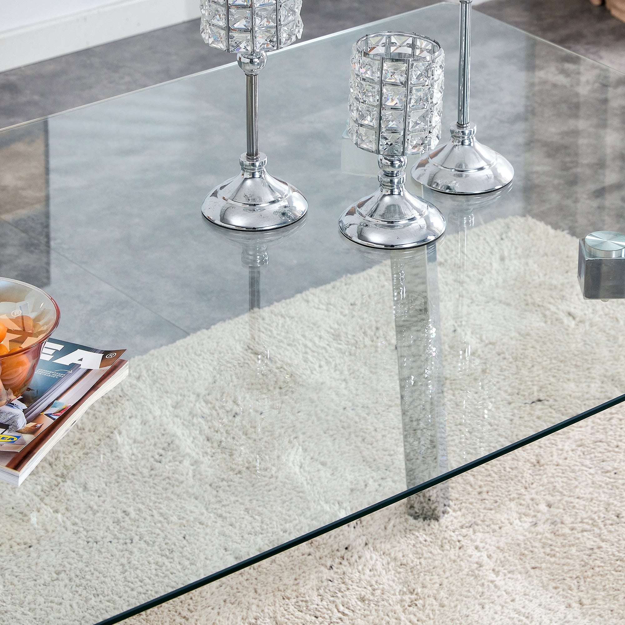 A modern minimalist rectangular glass dining table with tempered glass tabletop and silver metal legs, suitable for kitchens, restaurants, and living rooms,63'*35.4'*30' - Grand Goldman Shop