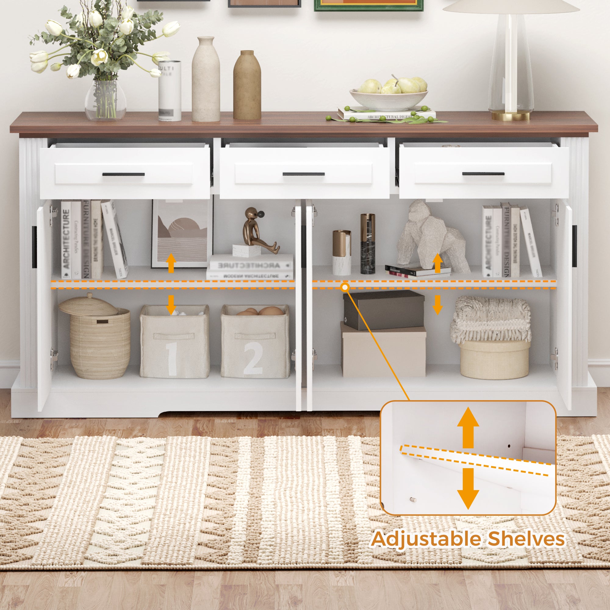 Modern Fluted Sideboard Buffet Cabinet with 4 Doors 3 Drawers, White MDF Storage Console Table for Living Room Dining Room Entryway, 63.11' L x 15.75' W x 32' H - Grand Goldman Shop
