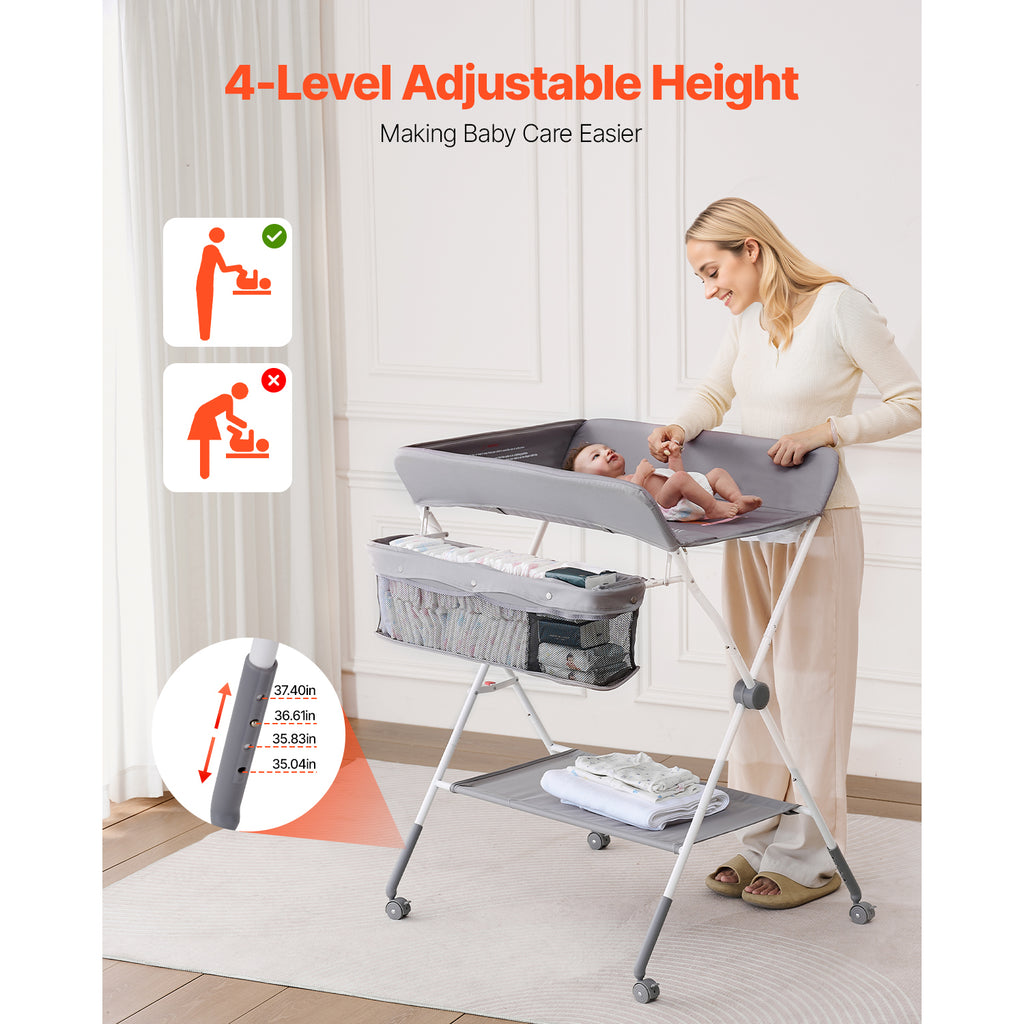 Foldable Baby Changing Diaper Station with Side Basket & Wheels Light Gray - Grand Goldman