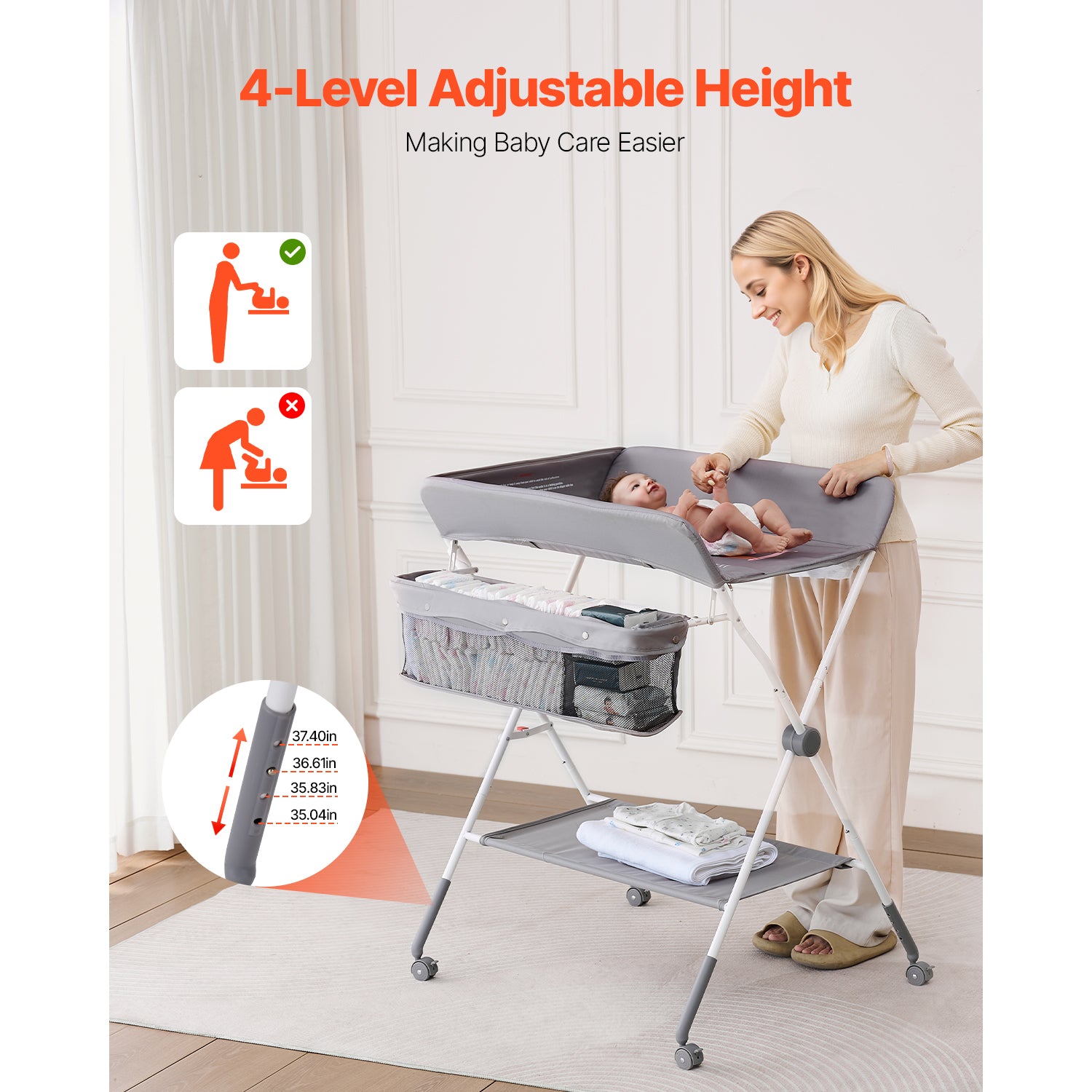 Foldable Baby Changing Diaper Station with Side Basket & Wheels Light Gray - Grand Goldman