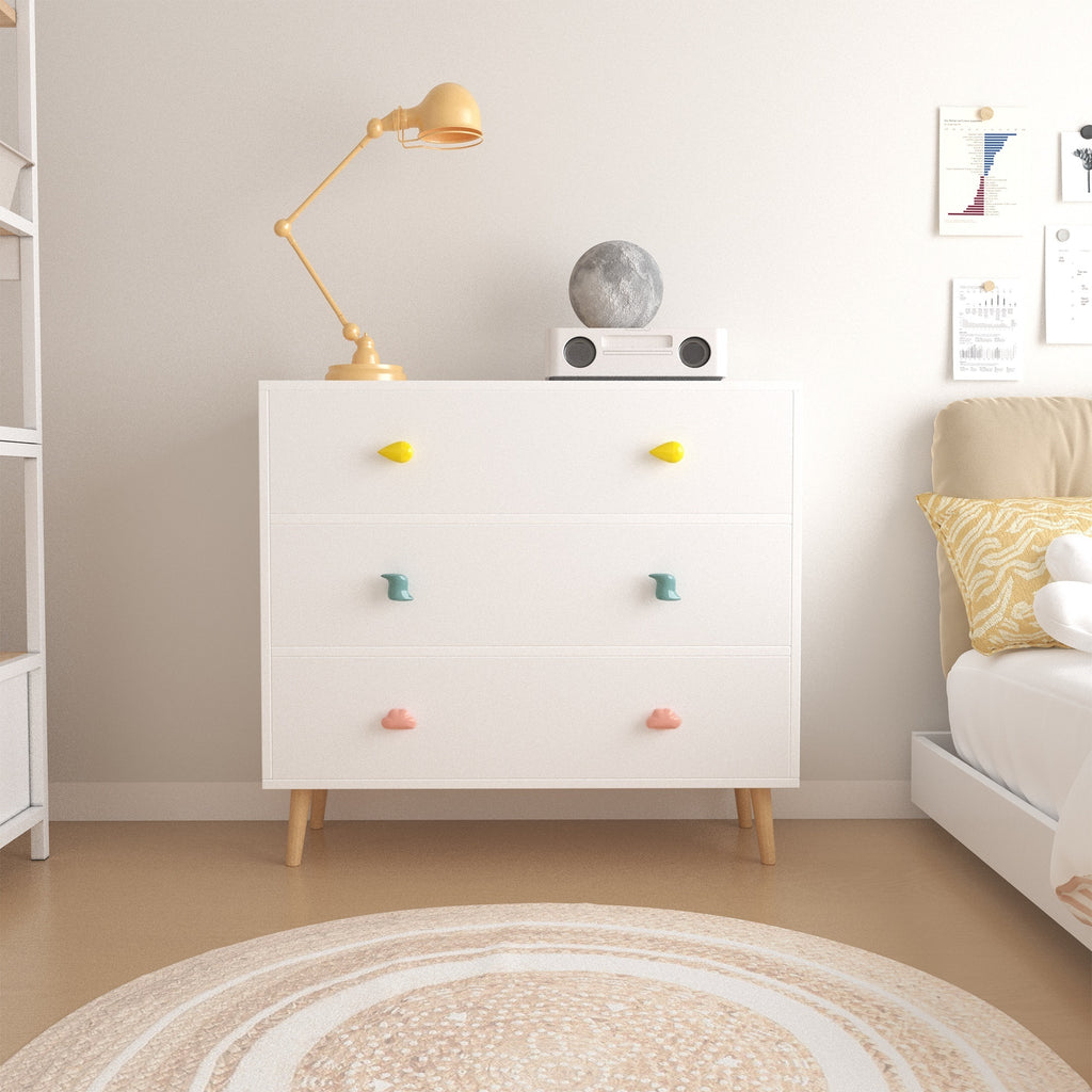 Kids 3 Drawer Dresser, White Nursery Storage Cabinet with Anti-Tip Safety Feature, Solid Wood and MDF Construction, Compact D